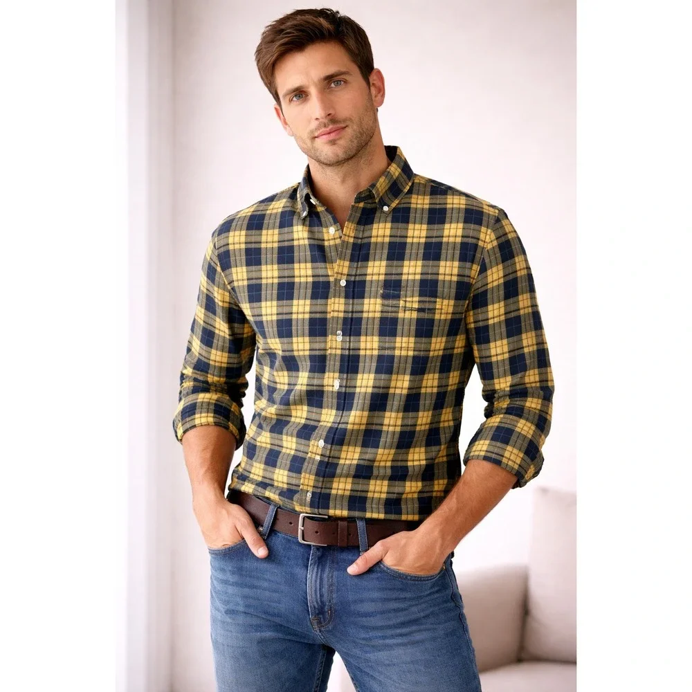 J. Crew- Yellow‎ and Blue Plaid Casual Shirt Size L